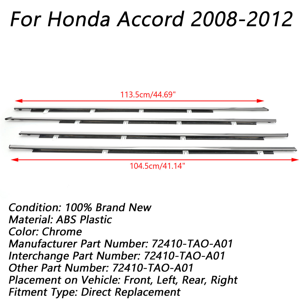 4pcs Chrome Weatherstrip Window Moulding Trim Seal Belt Fits For Accord 2008-2012