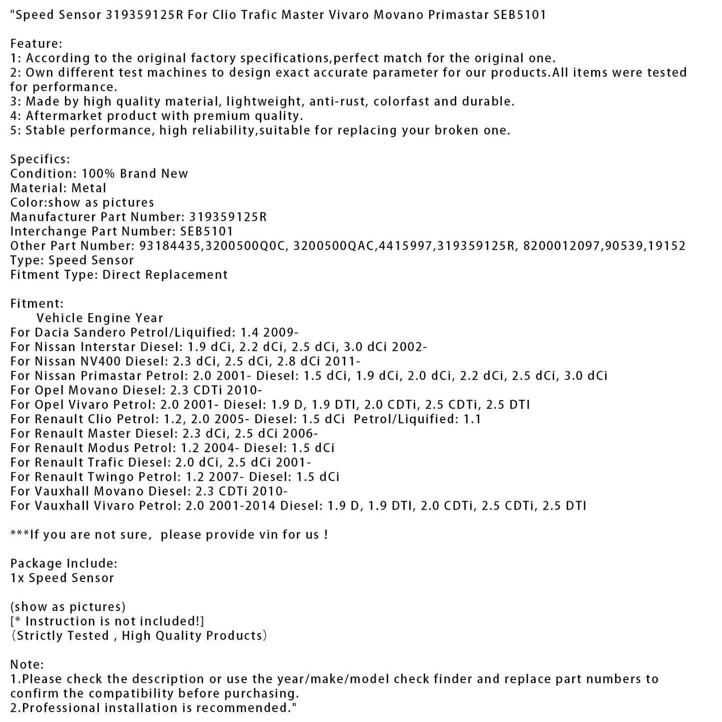 Speed Sensor 319359125R For Clio Trafic Master Vivaro Movano Primastar SEB5101