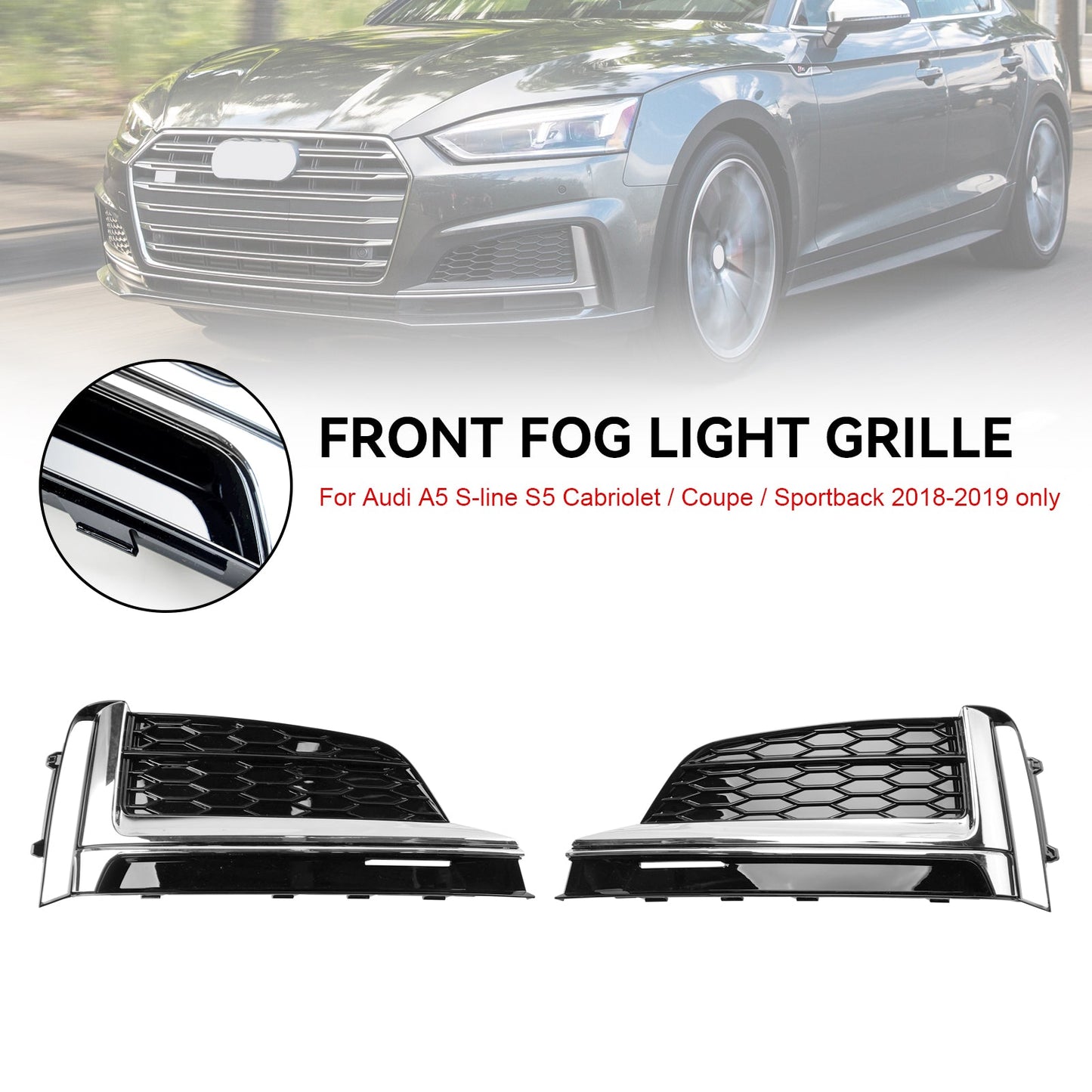 2PCS Front Bumper Fog Light Grille Cover Trim Fit Audi S5 A5 S-Line 2018-2019