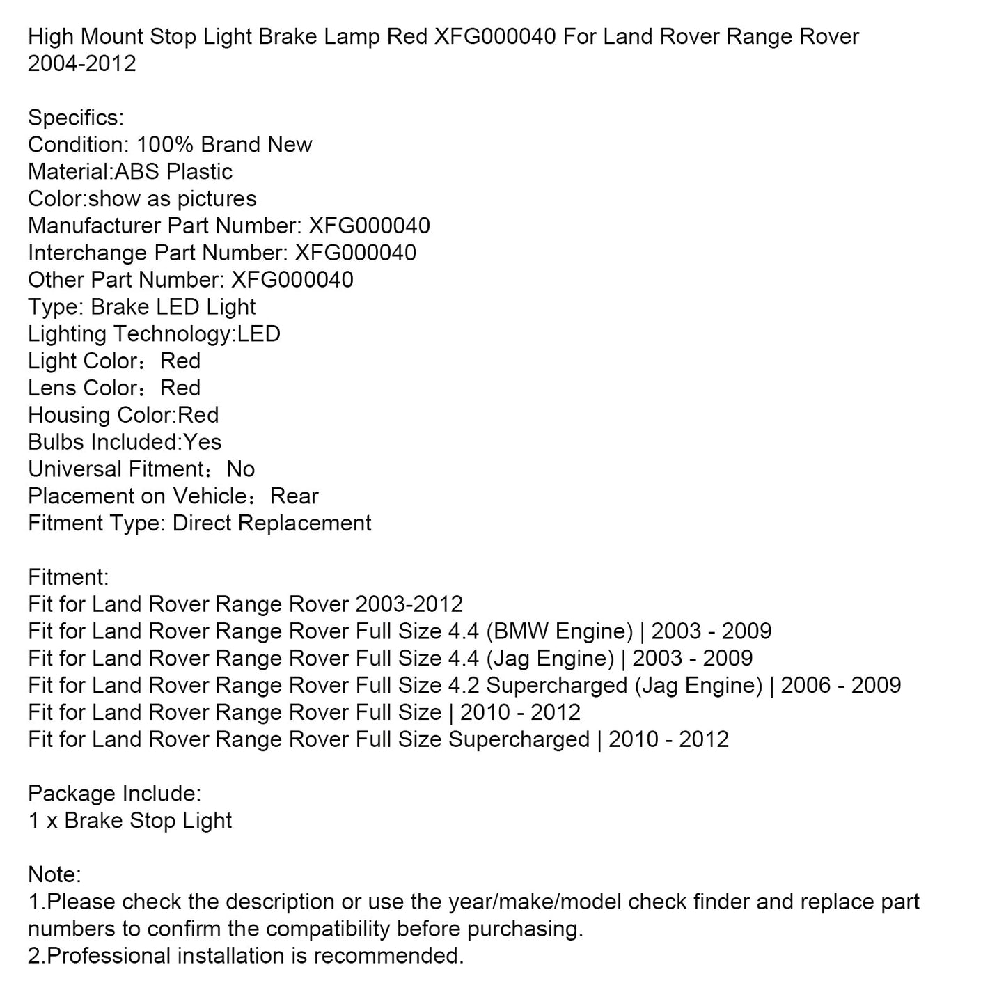High Mount Stop Light Brake Lamp Red XFG000040 For Land Rover Range Rover