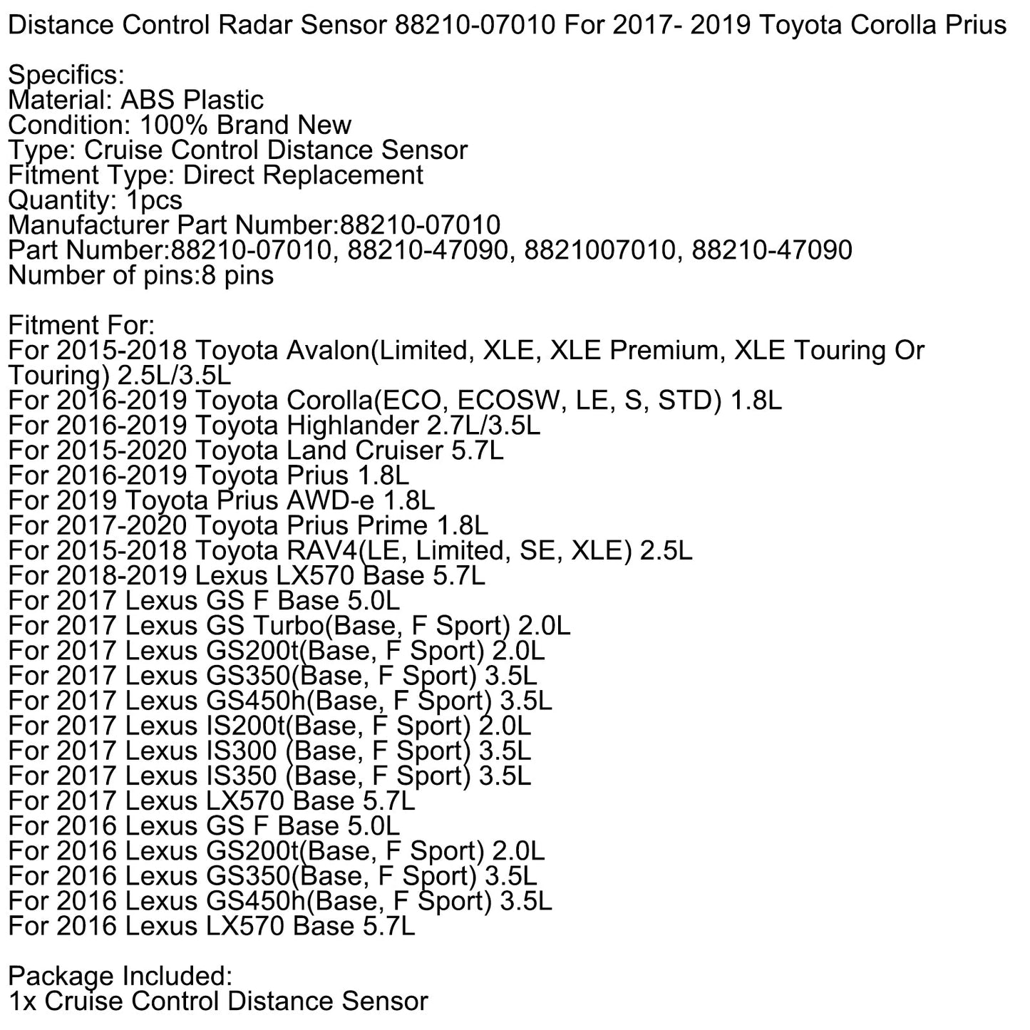 2016 Lexus LX570 Base 5.7L Distance Control Radar Sensor 88210-07010