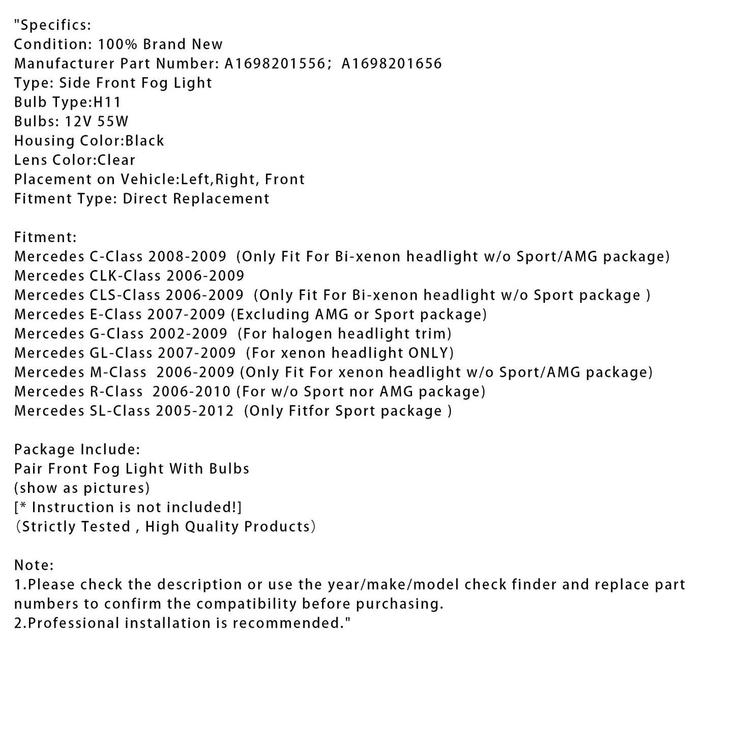 Pair Front Fog Light Lamps With Bulbs For Mercedes Benz W204 W211 W164 C219