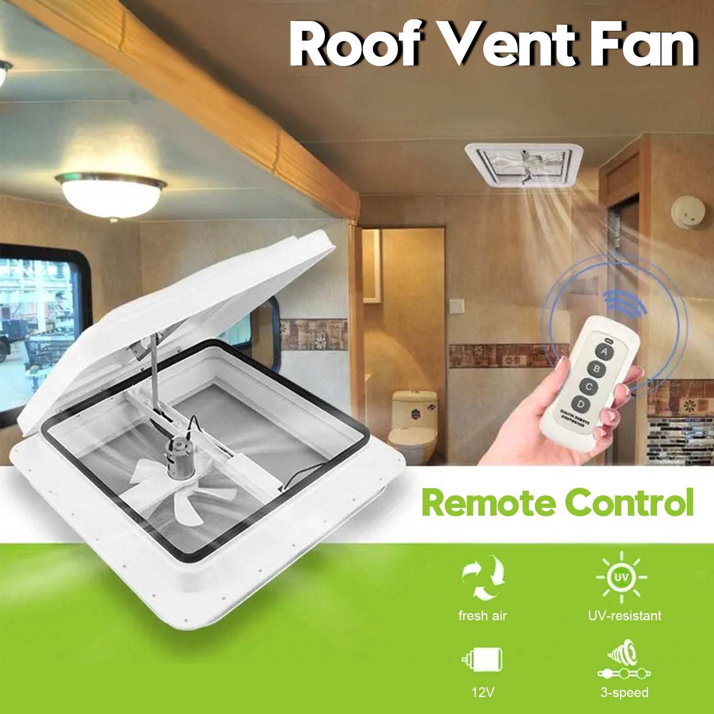 14" Caravan Skylight Roof Vent Remote Control Camper Motorhome RV Exhaust Fan