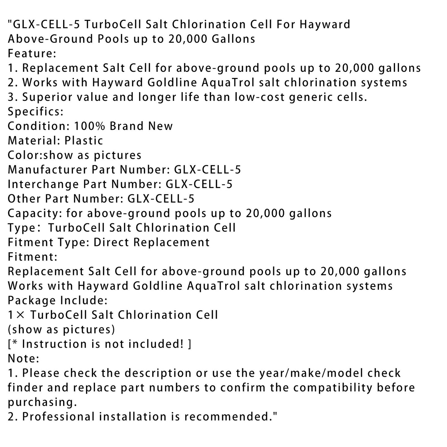 GLX-CELL-5 TurboCell Salt Chlorination Cell For Hayward Pool up to 20000 Gallons