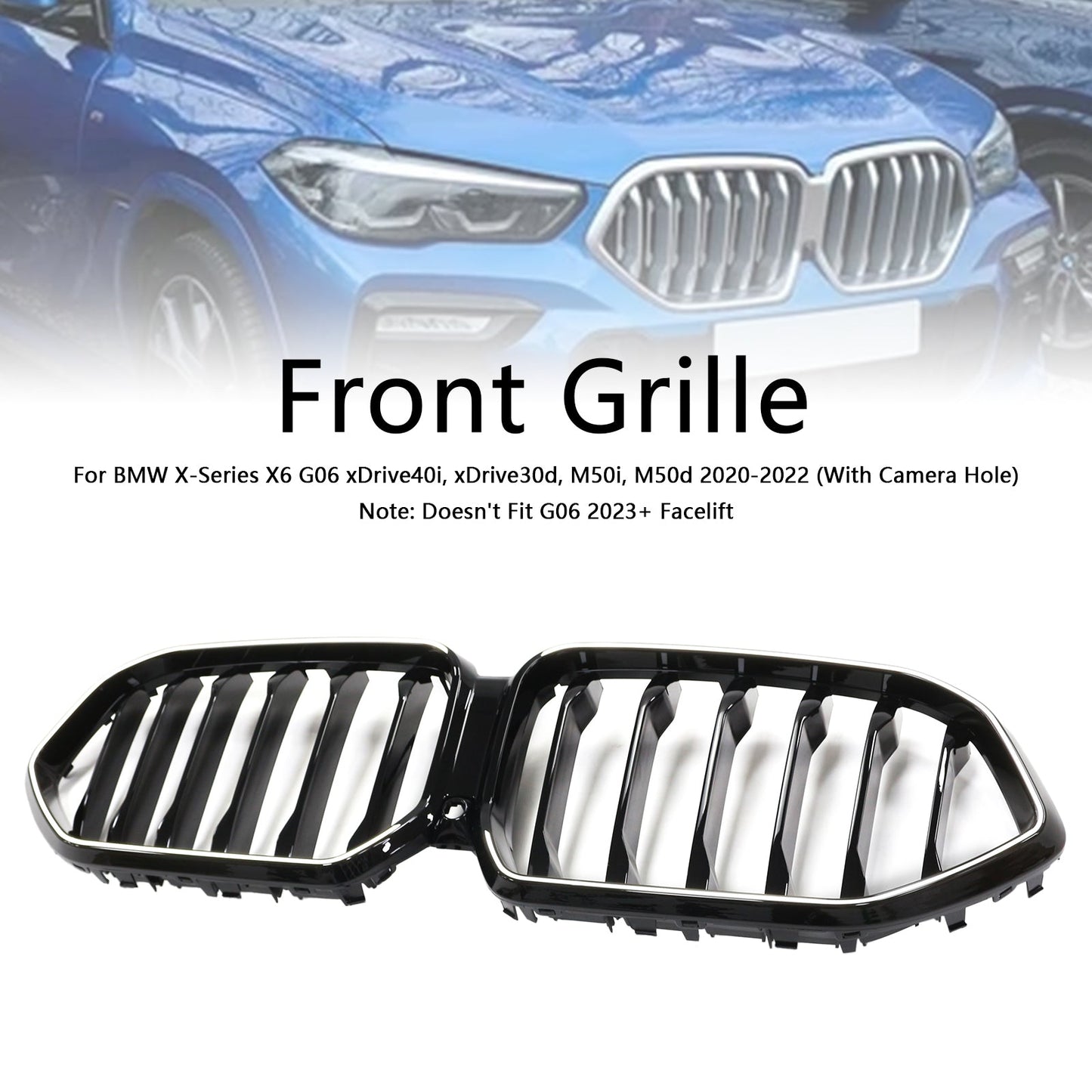 2020-2022 BMW X6 G06 M50i W/Camera Hole Black Front Bumper Grille Grill