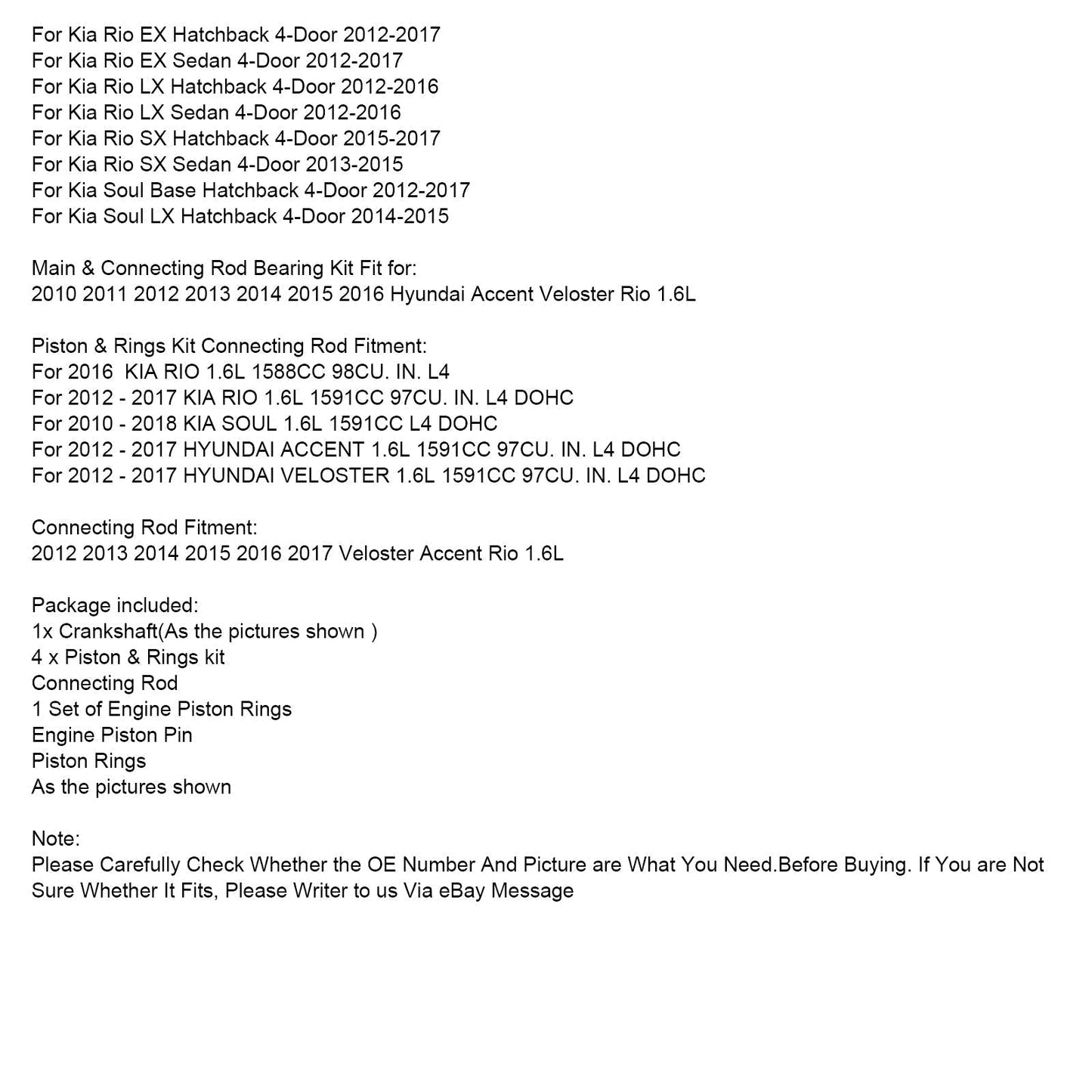 2014 Hyundai Veloster RE:FLEX Hatchback 3-Door Crankshaft & Connecting Rod Piston Kit 23041-2B600