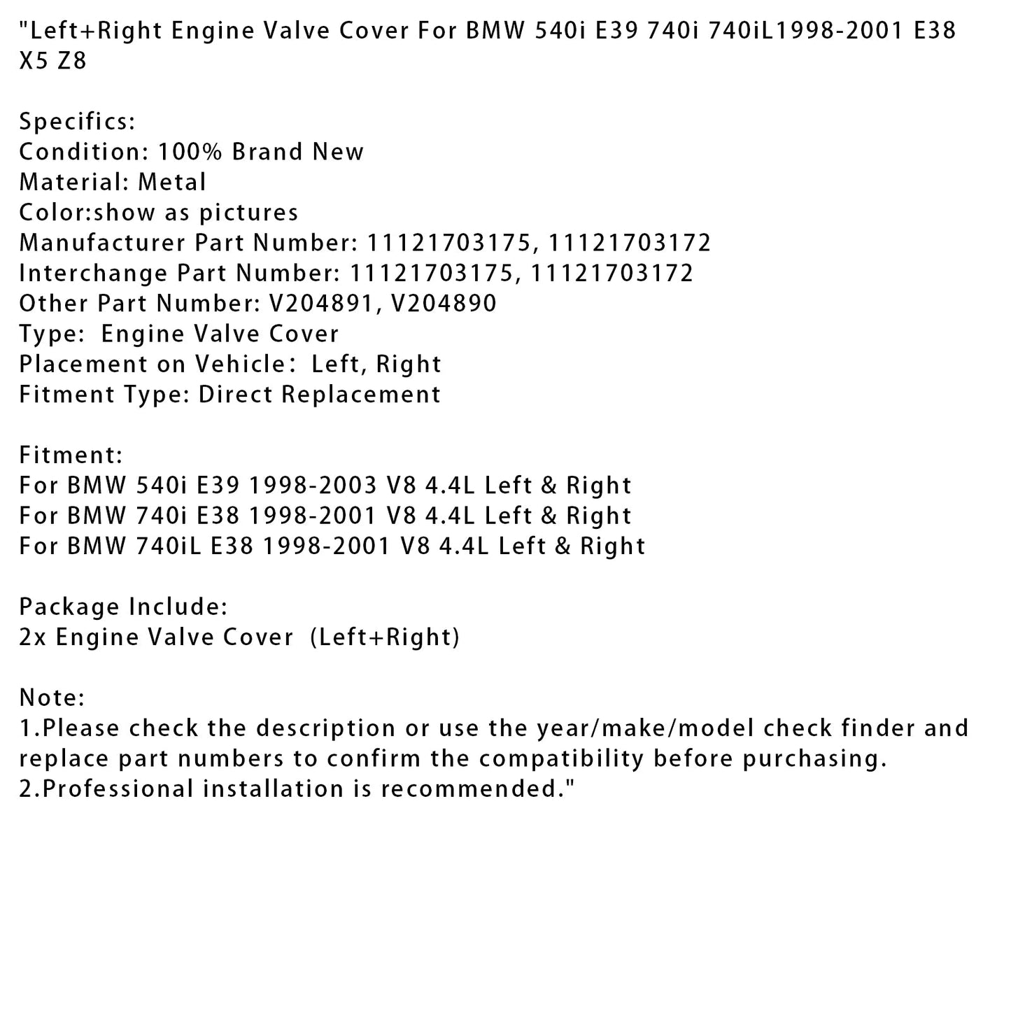 1998-2001 BMW 740iL E38 V8 4.4LLeft+Right Engine Valve Cover