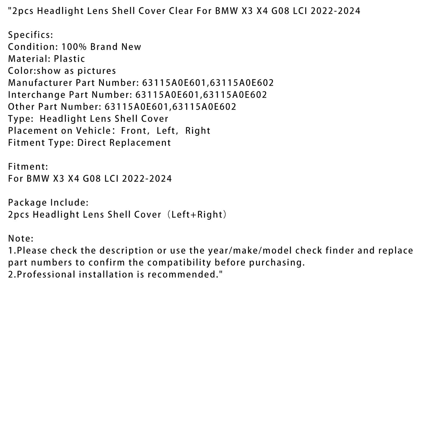 2022-2024 BMW X3 X4 G08 LCI 2pcs Headlight Lens Shell Cover Clear