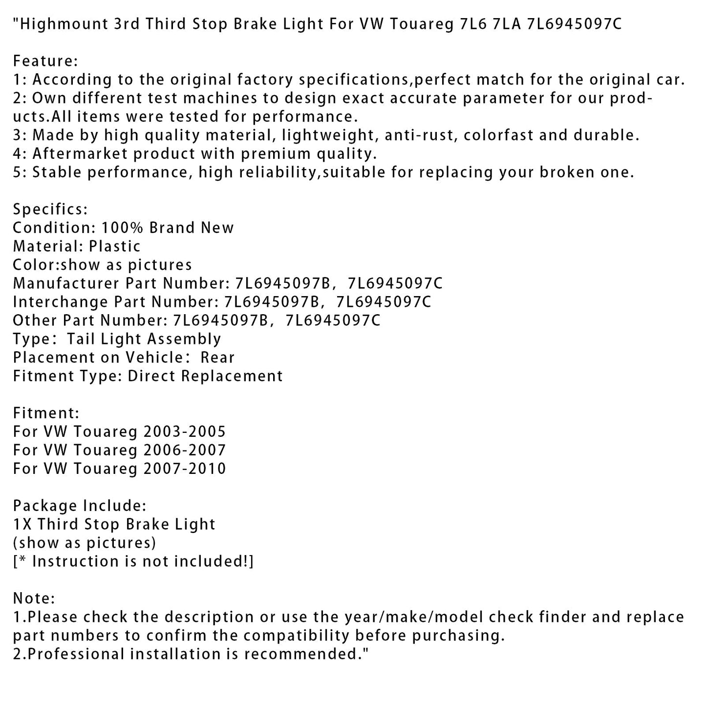 2003-2010 VW Touareg Highmount 3rd Third Stop Brake Light 7L6 7LA 7L6945097C