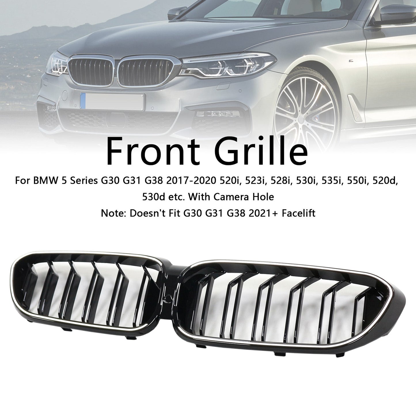 2017-2020 BMW 5 Series G30 G31 Double Slat Front Kidney Grille Gloss Black