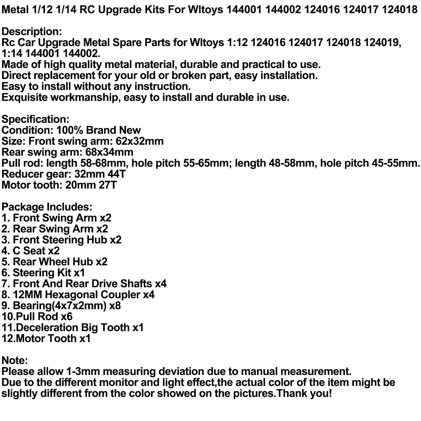 Metal 1/12 1/14 RC Car Upgrade Kits For Wltoys 144001 144002 124016 124017 124018