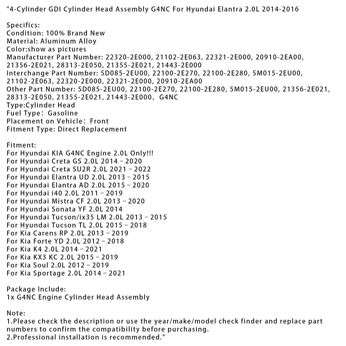 2021¨C2022 Hyundai Creta SU2R 2.0L 4-Cylinder GDI Cylinder Head Assembly G4NC 22320-2E000