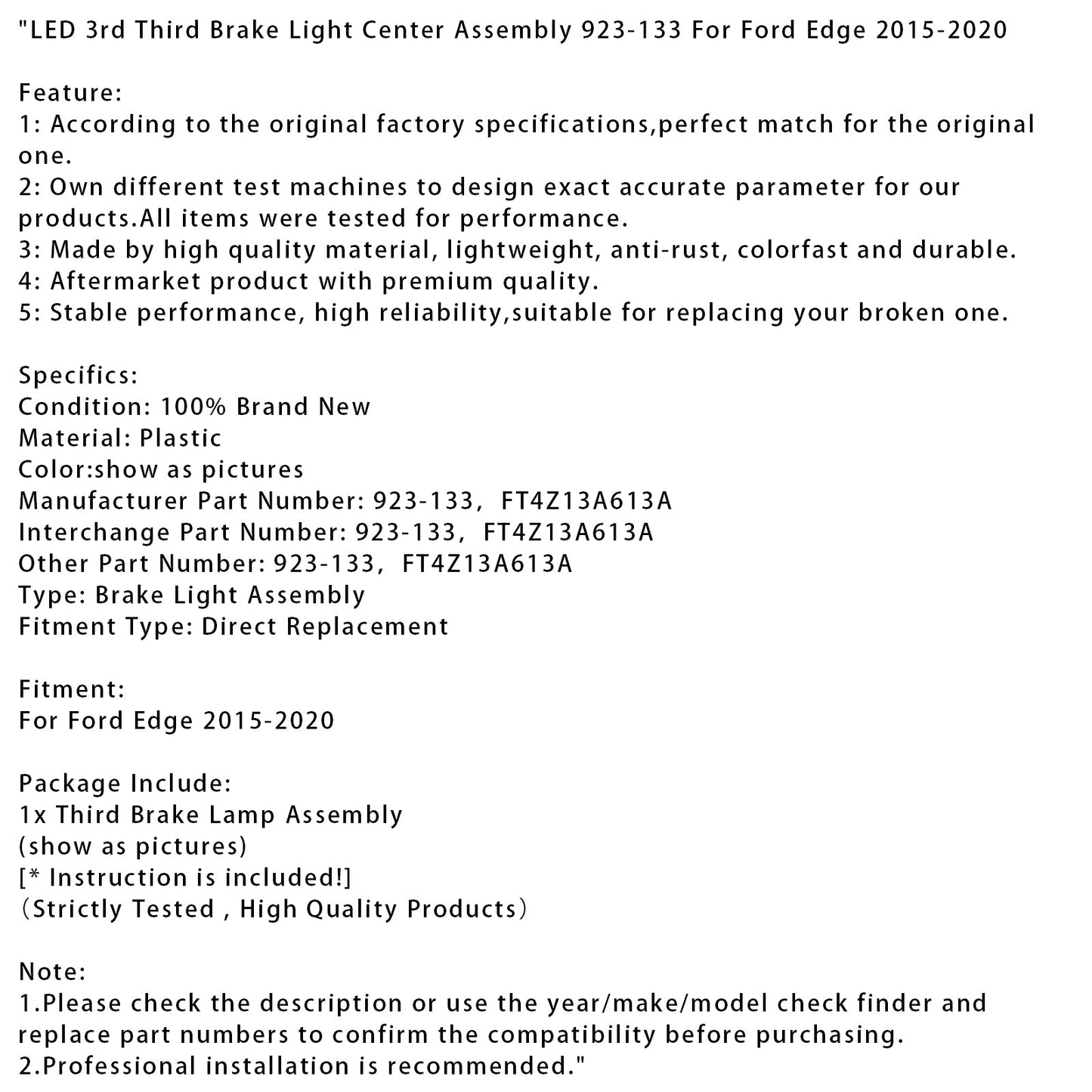 2015-2020 Ford Edge LED 3rd Third Brake Light Center Assembly 923-133