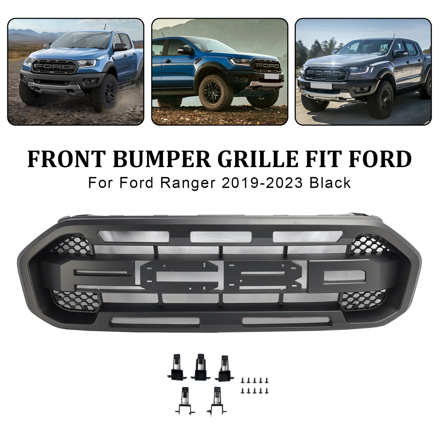 Black Raptor Style Front Bumper Grill Grille Fit Ford Ranger 2019-2023