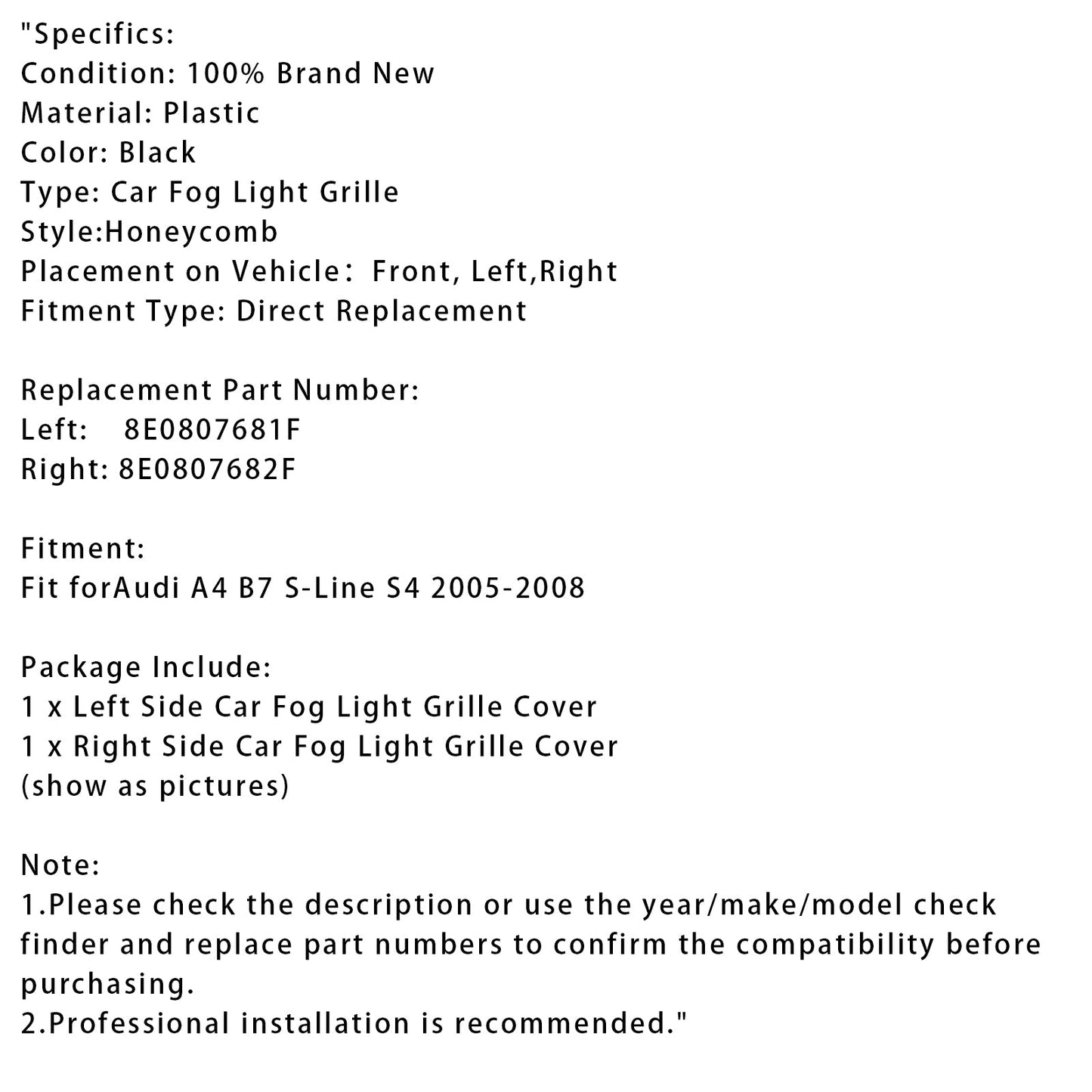 2005-2008 Audi A4 B7 S-Line S4 Front Bumper Honeycomb Fog Grille Cover