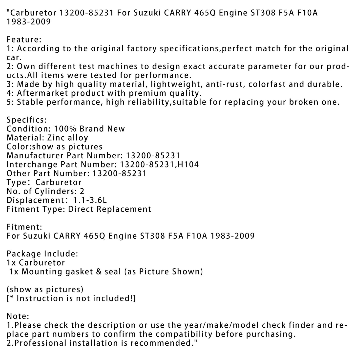 1983-2009 Suzuki CARRY 465Q Engine ST308 F5A F10A Carburetor 13200-85231