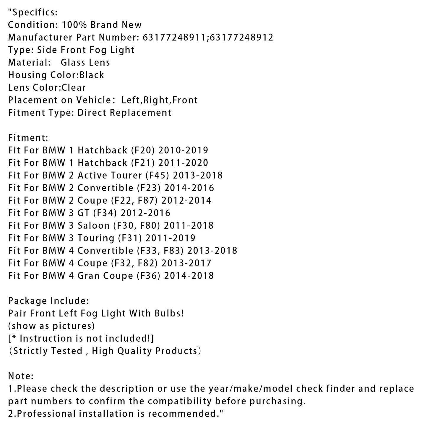 Pair Front Fog Light With Bulbs For BMW F20 F21 F30 F31 F80 2011-2019