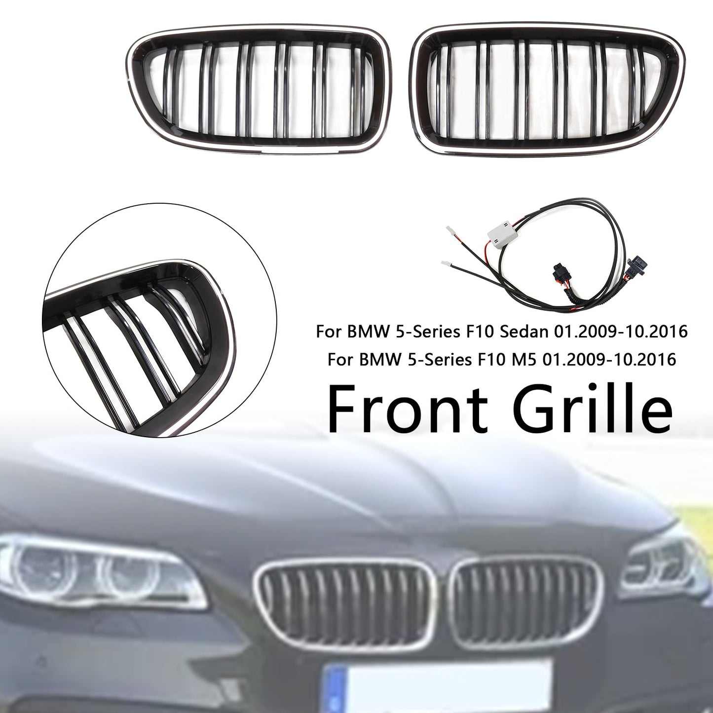 Kidney Bumper Grill Grille Fit BMW 5 Series F10 F11 2010-2016 Gloss Black 51137203649 51137203203