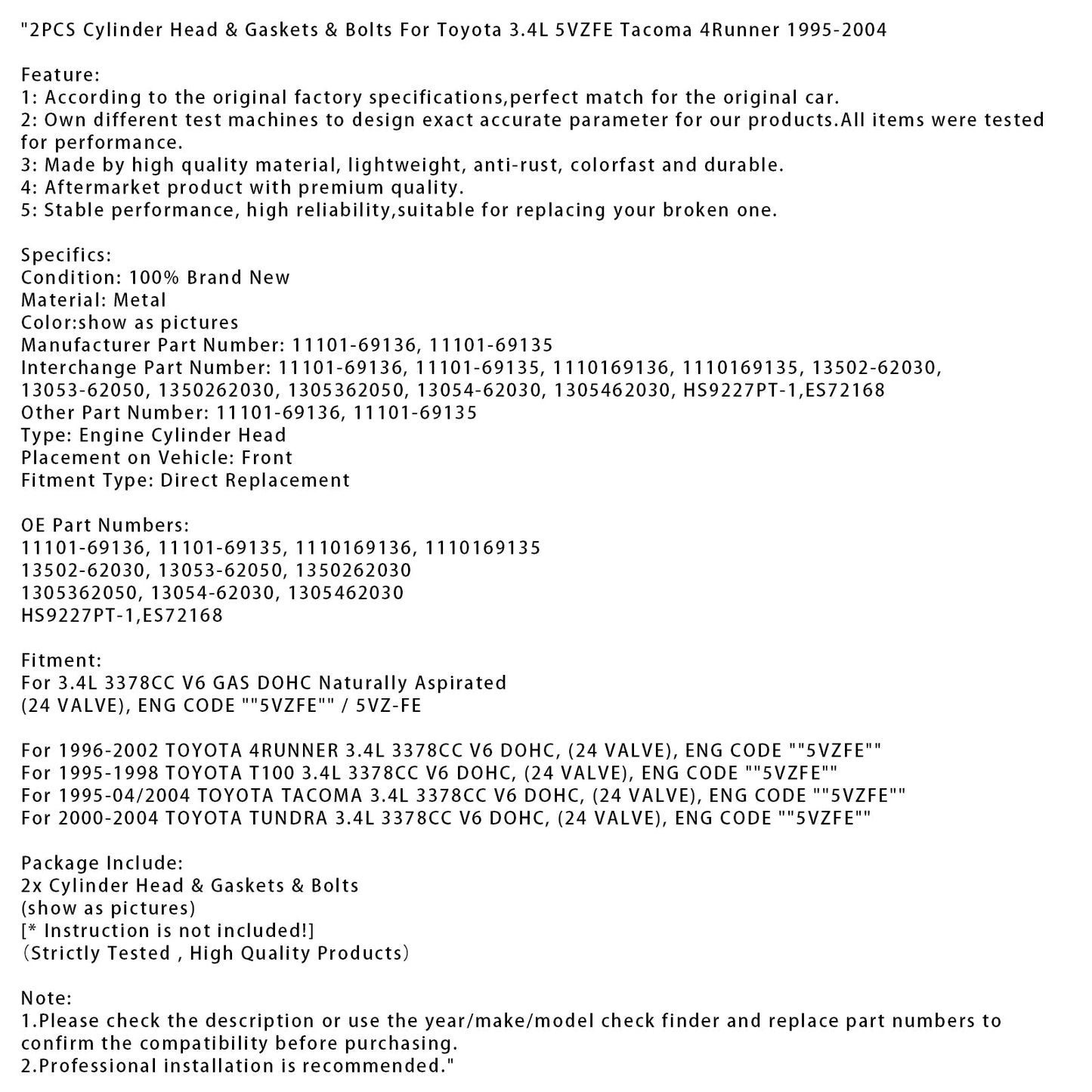 1996-2002 TOYOTA 4RUNNER 3.4L 2PCS Cylinder Head & Gaskets & Bolts 11101-69136 1305362050