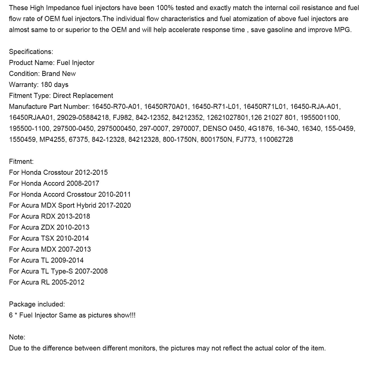 2007-2013 Acura MDX 6PCS Fuel Injector 16450-R70-A01