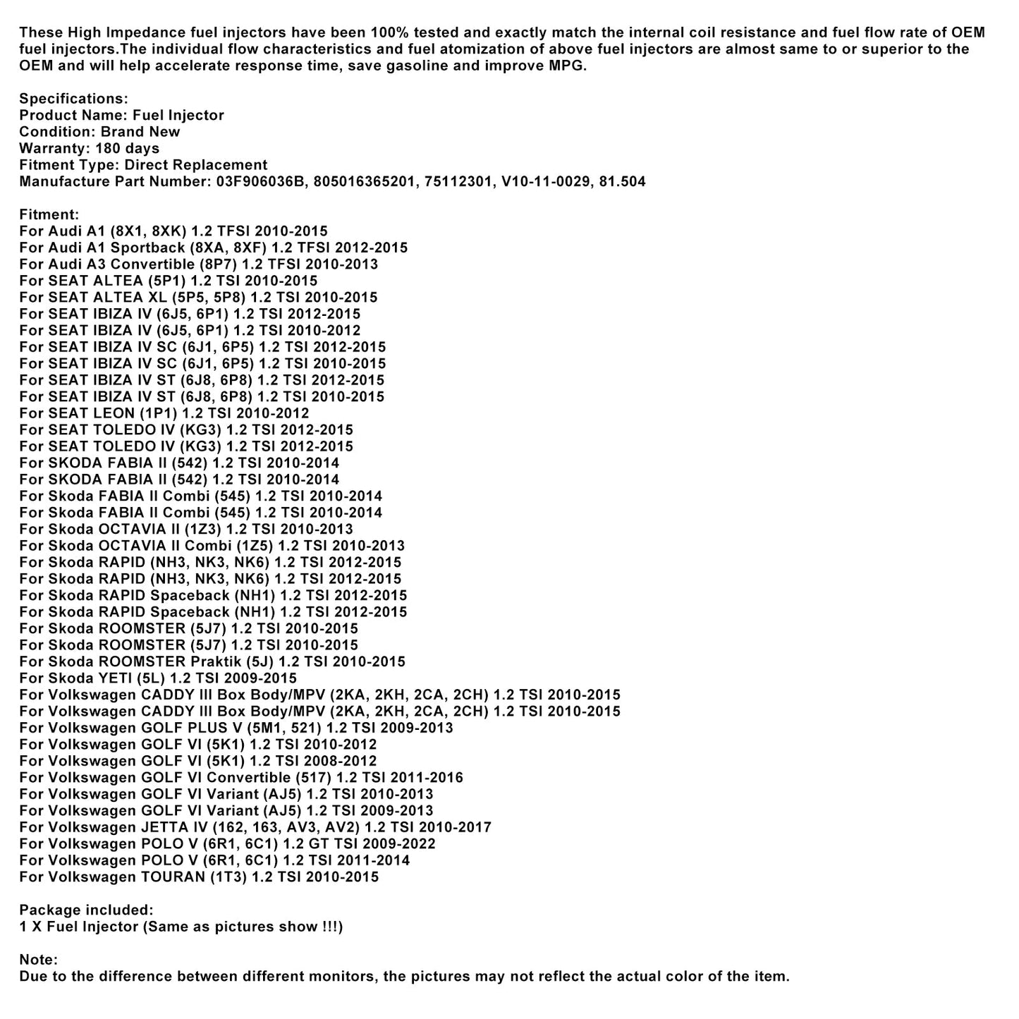 4PCS Fuel Injector 03F906036B Fit Audi A1 A3 Fit VW Beetle Golf 6 1.2 TSI/TSFI