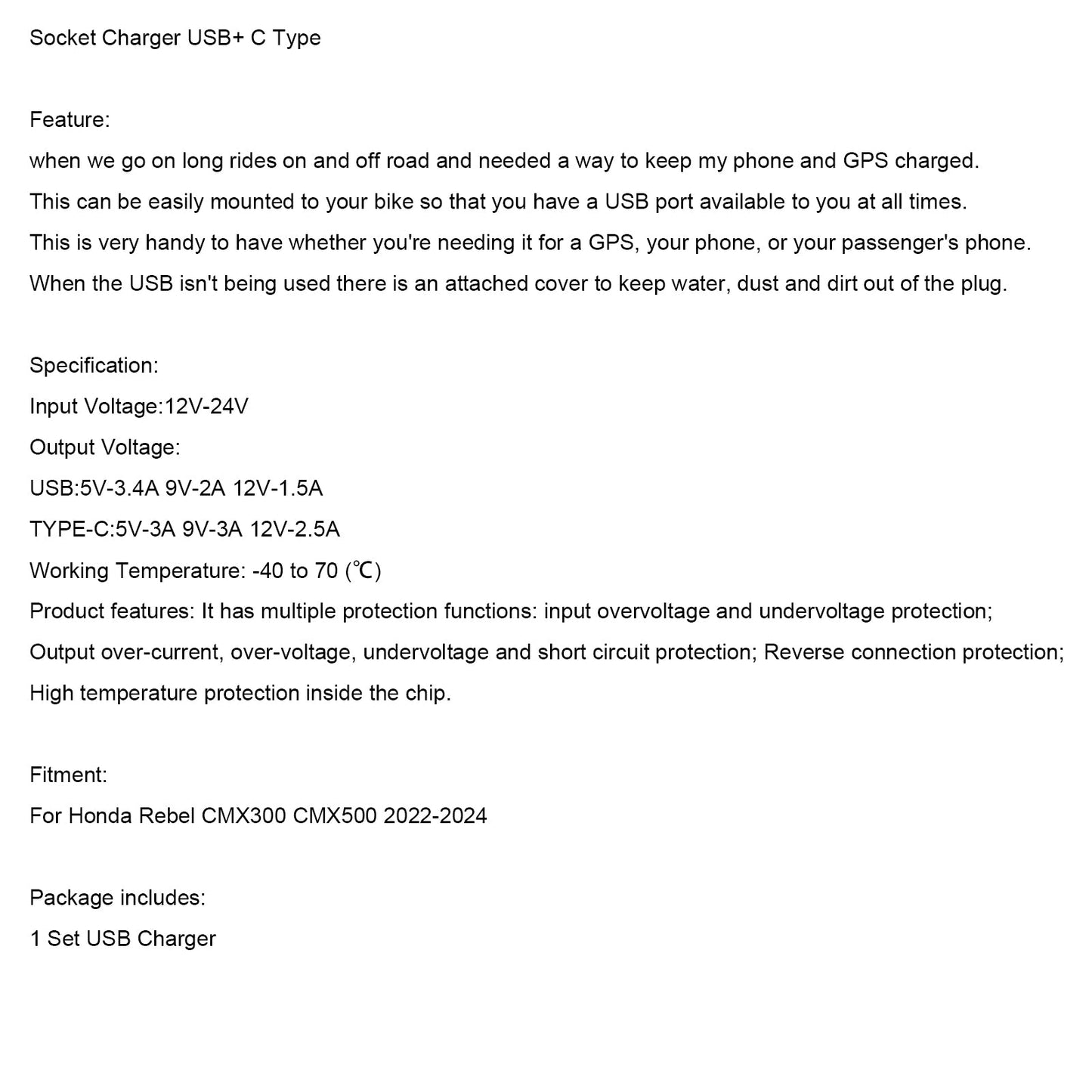 2022-2024 Honda Rebel CMX300 CMX500 12V Socket Charger USB+C Type Quick