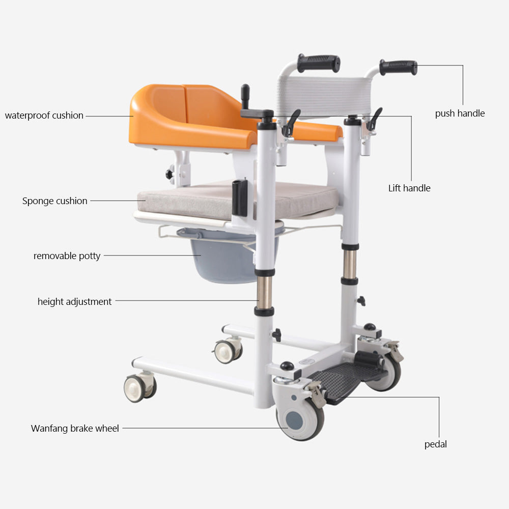 Elderly Patient Lift Wheelchair with 180 Degree Split Seat and Integrated Bedpan