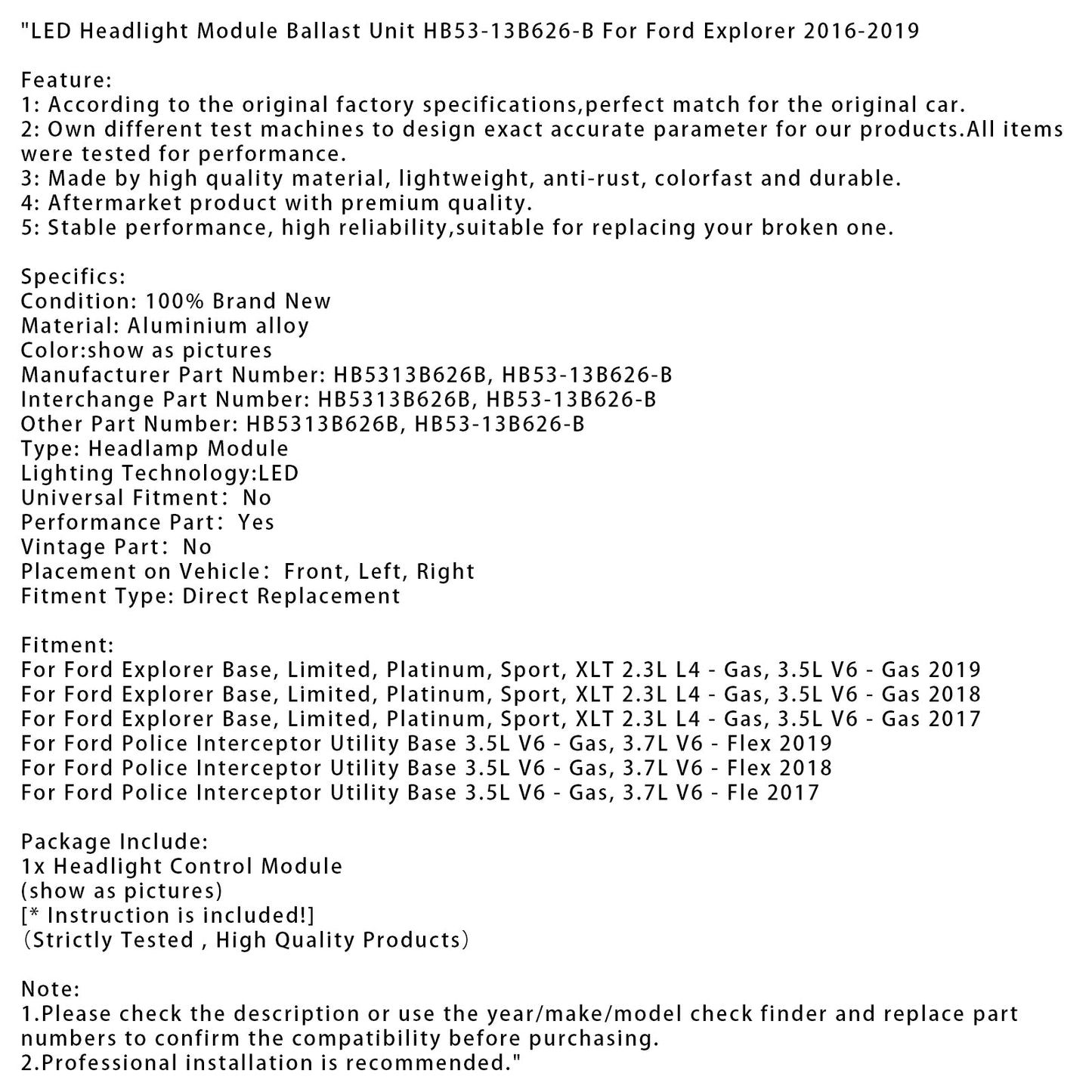 LED Headlight Module Control Unit HB53-13B626-B For Ford Explorer 2016-2019