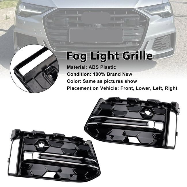 2023+ Audi A6 C8PA S-Line S6 2PCS Front Bumper Fog Light Grille Trim Black Chrome