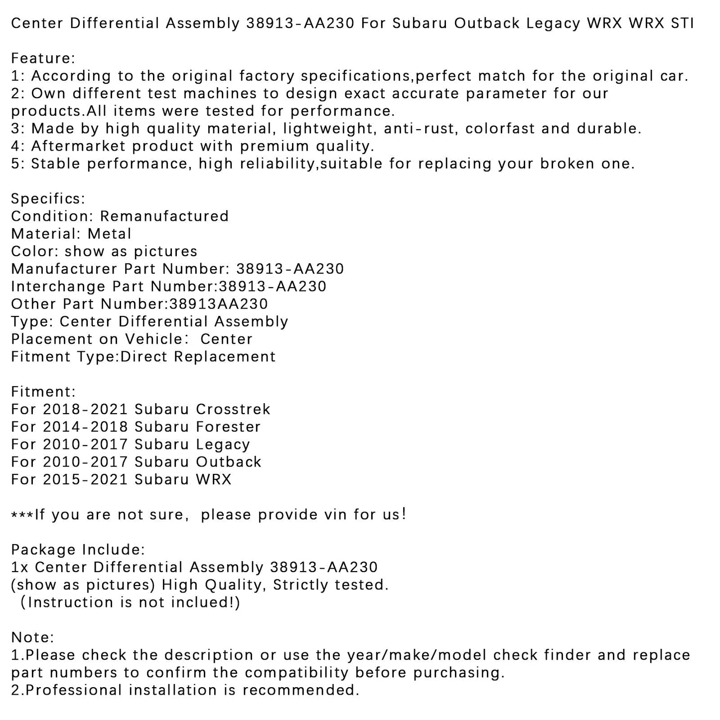 2015-2021 Subaru WRX Center Differential Assembly 38913-AA230