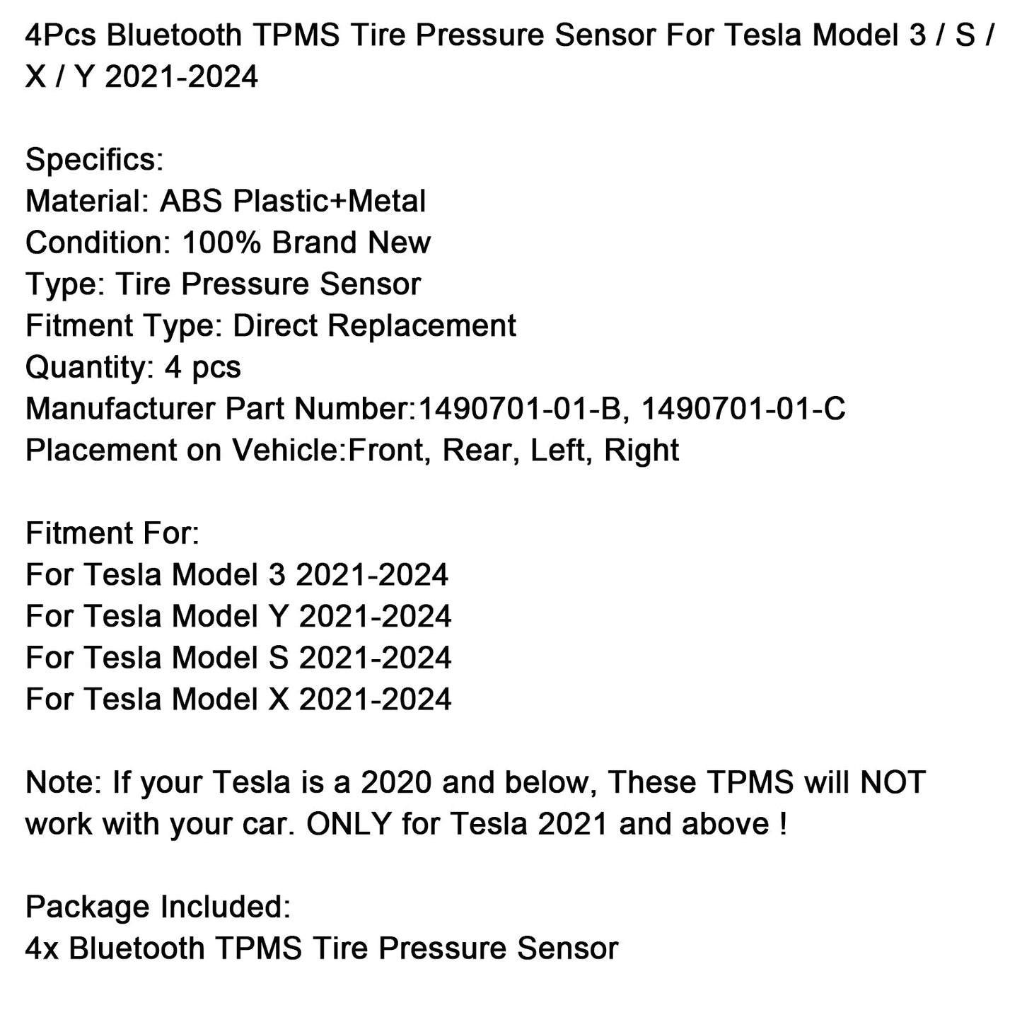 2021-2024 Tesla Model 3 / S / X / Y 4Pcs Bluetooth TPMS Tire Pressure Sensor