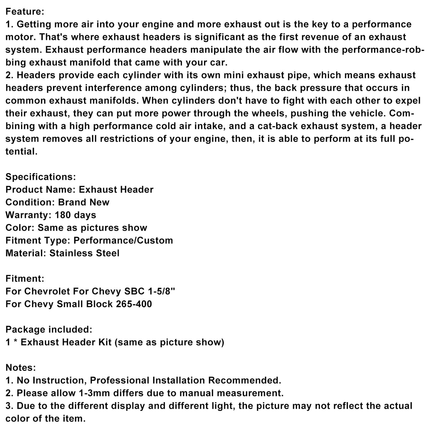 Exhaust Manifold Header Fit Chevy Small Block SBC 1-5/8"