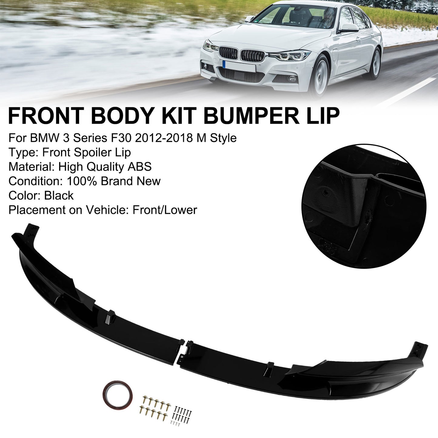 Gloss Black Front Bumper Spoiler Lip Fit BMW 3 Series F30 2012-2018 M Sport