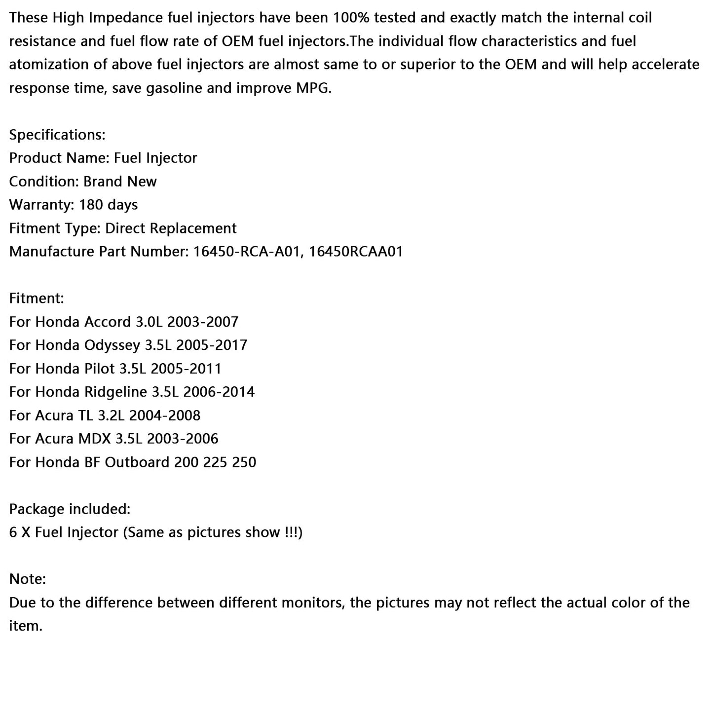 6PCS Fuel Injector 16450-RCA-A01 Fit Honda MDX Tl Accord Pilot Fit Acura