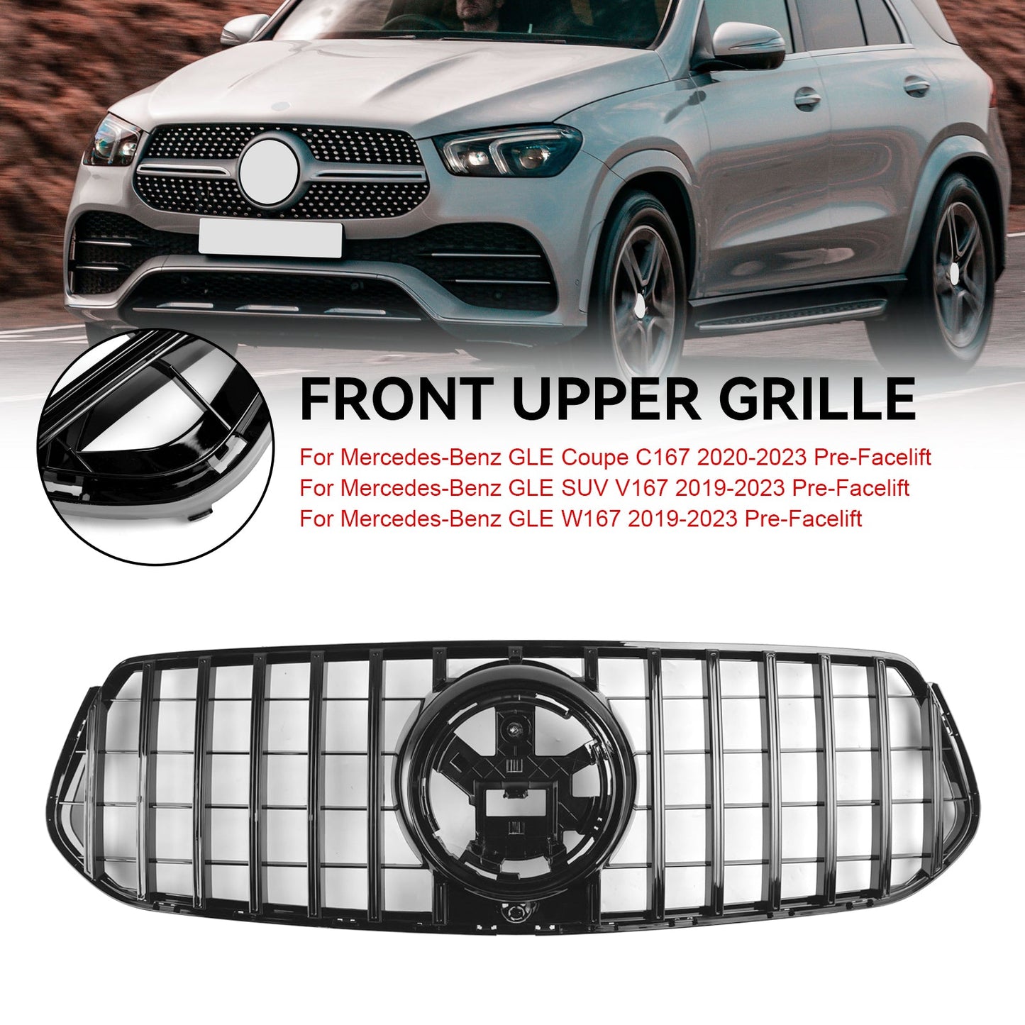 Gloss Black Front Grille Grill Fit Mercedes Benz Gle W167 C167 V167 2020-2023