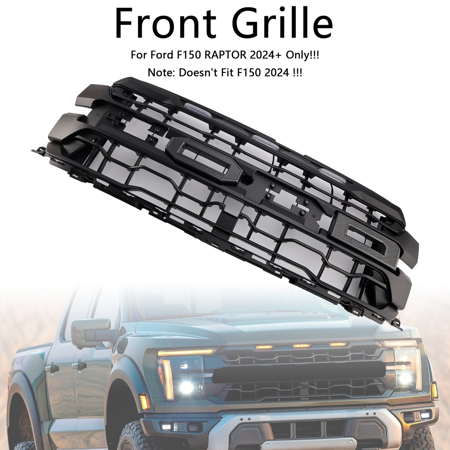 Black Front Bumper Grille Grill Fit Ford F150 RAPTOR 2024+ Only