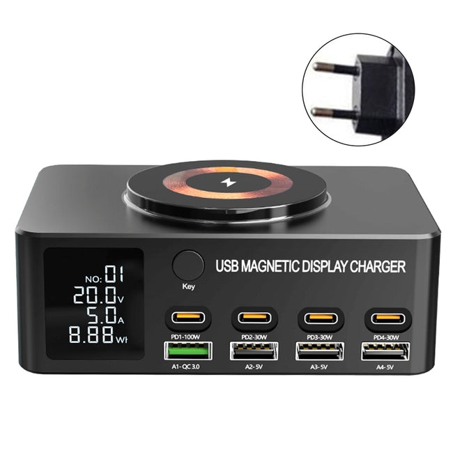 140W Fast Charging Charger Intelligent Digital Display PD100W Mobile Phone Notebook Magnetic Wireless Charging Multi-Port USB Charger EU Plug