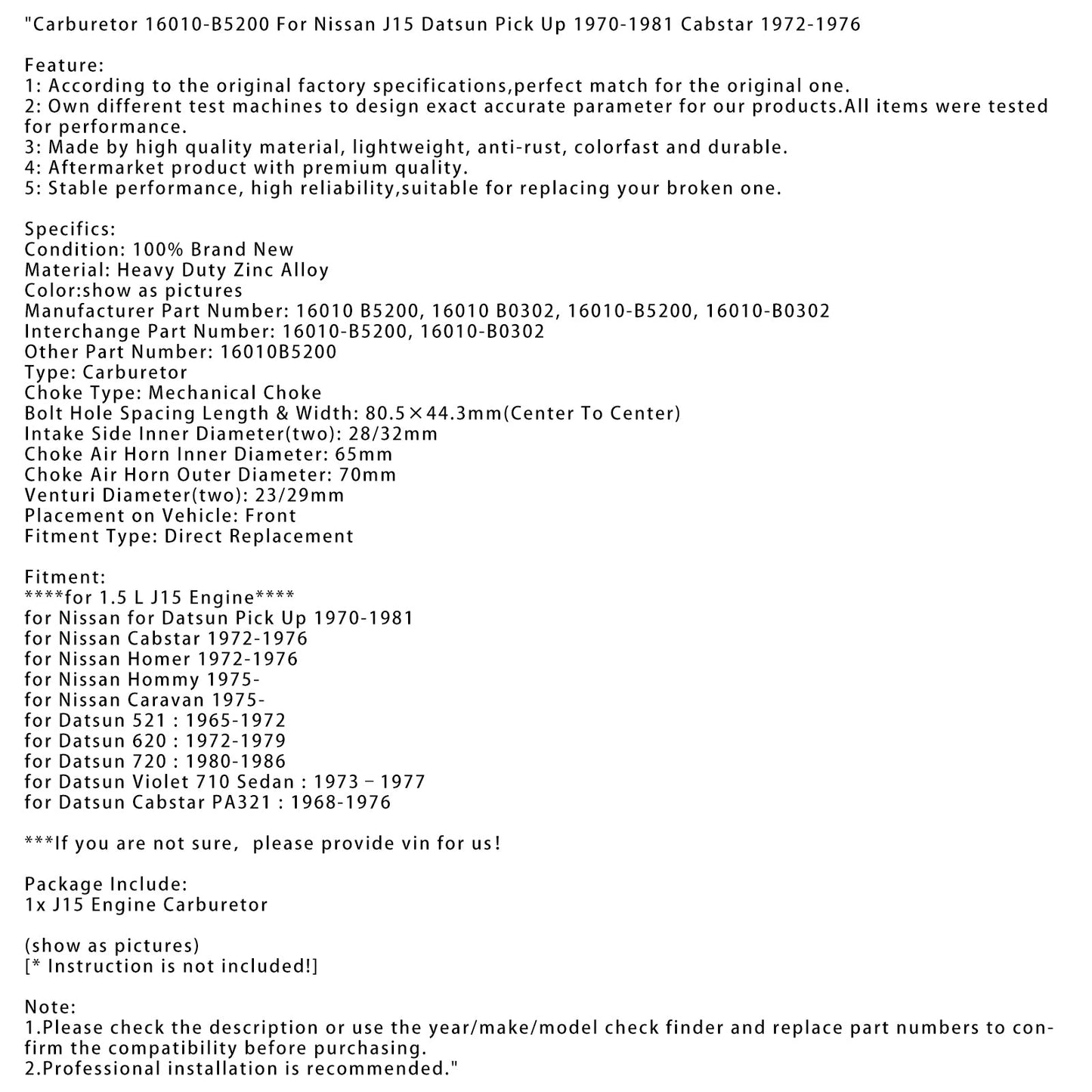 1970-1981 Nissan for Datsun Pick Up 1.5 L J15 Engine Carburetor 16010-B5200 16010-B0302