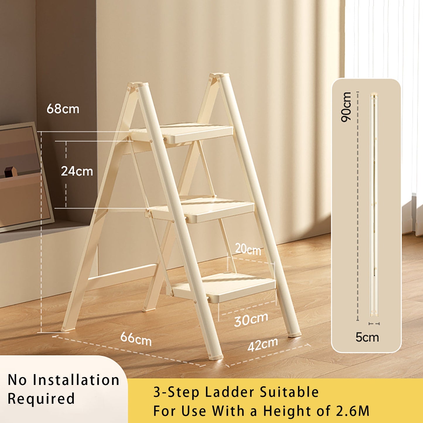 Stepladder, 3 Tiers, Foldable, Aluminum, Ladder, Load Capacity 330.7 lbs