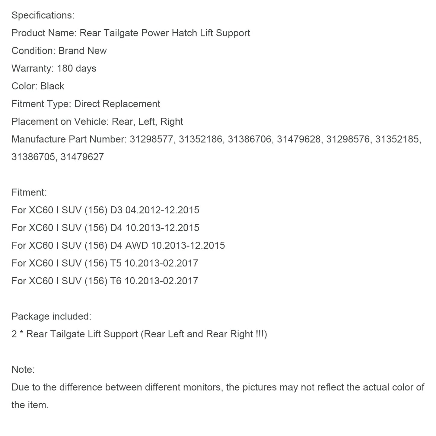 2PCS Power Liftgates Lift Support 31386705 31386706 Fit Volvo XC60 2012-2017