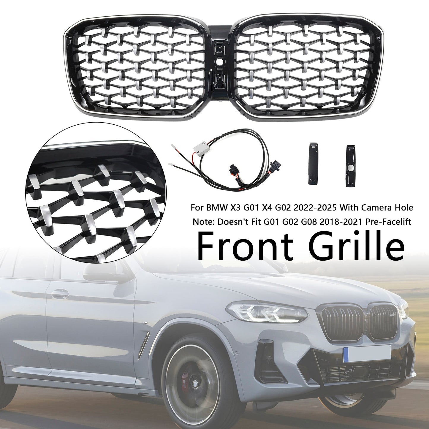 2022-2025 BMW X3 G01 X4 G02 Diamond Front Bumper Kidney Grille Chorme