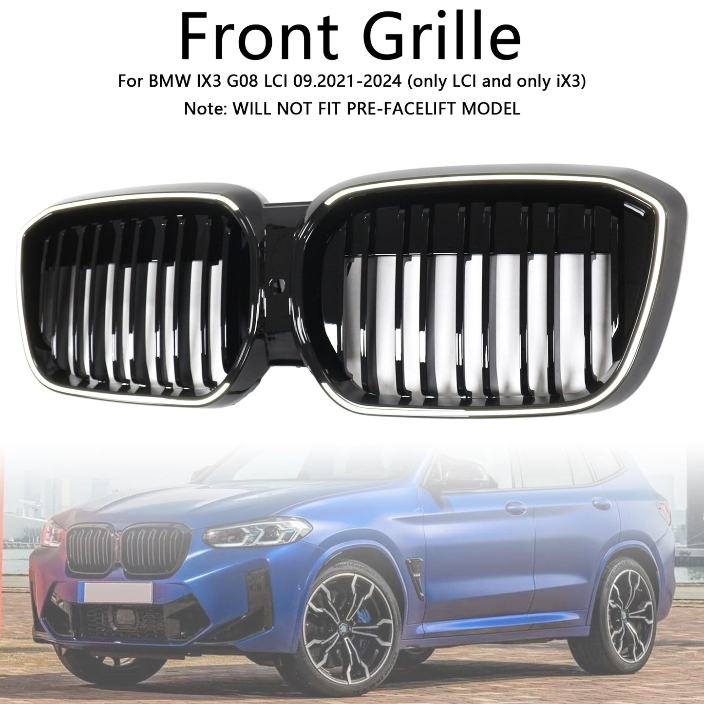 2022-2024 BMW IX3 G08 LCI Double Slat Gloss Black Front Kidney Grill Grille