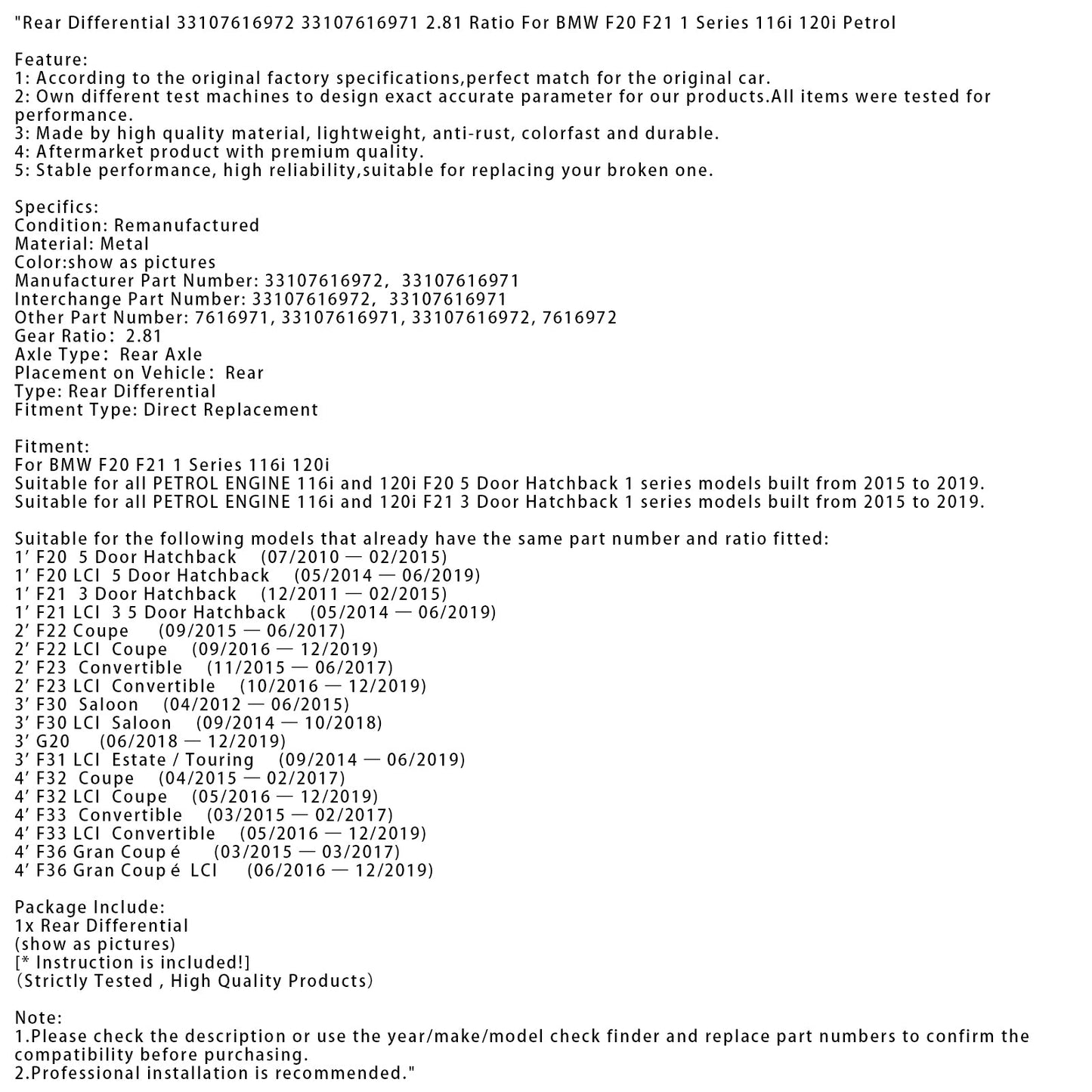 12/2011 — 02/2015 BMW 1 Series F21 3 Door Hatchback Rear Differential 33107616972 33107616971 2.81 Ratio