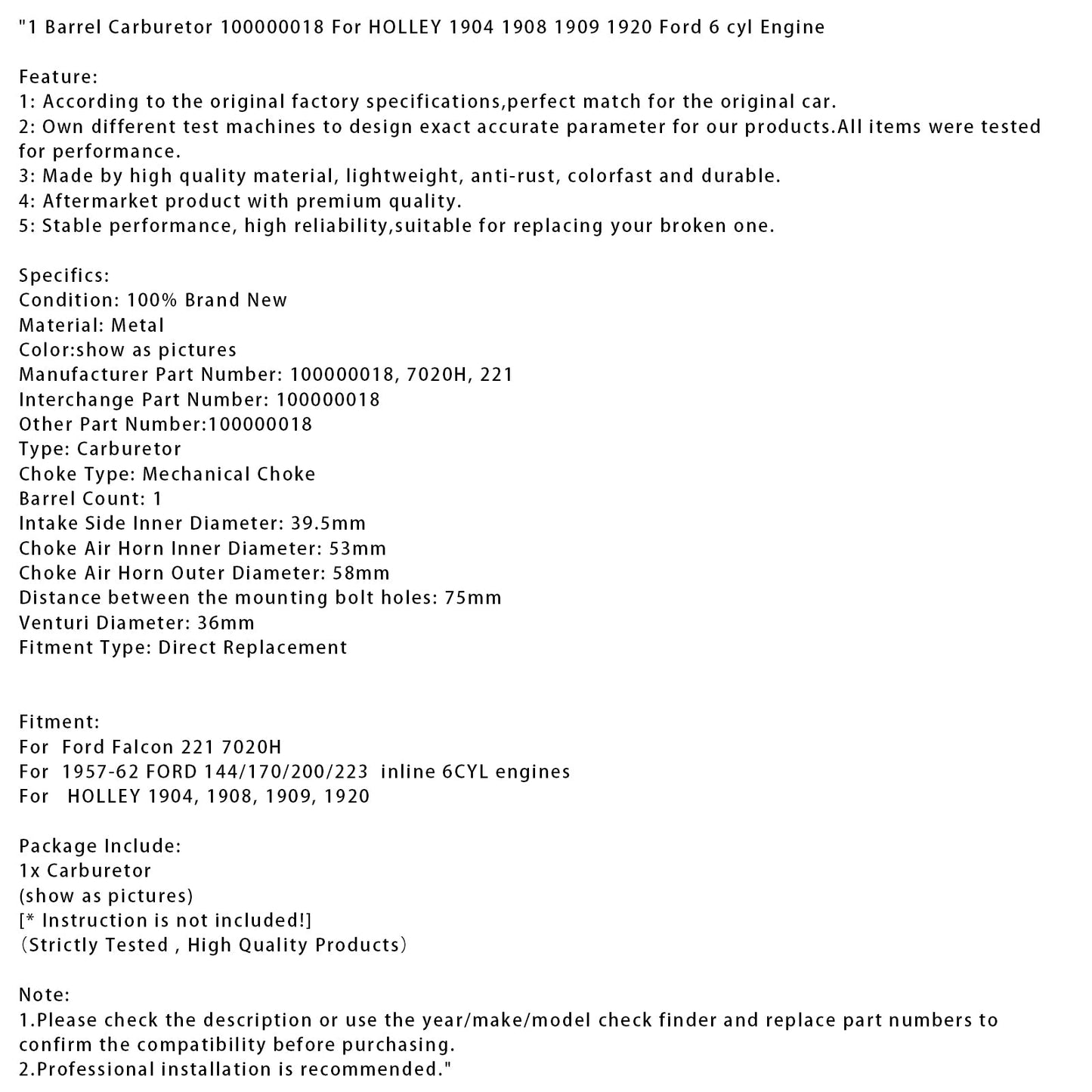 1 Barrel Carburetor 100000018 For HOLLEY 1904 1908 1909 1920 Ford 6 cyl Engine