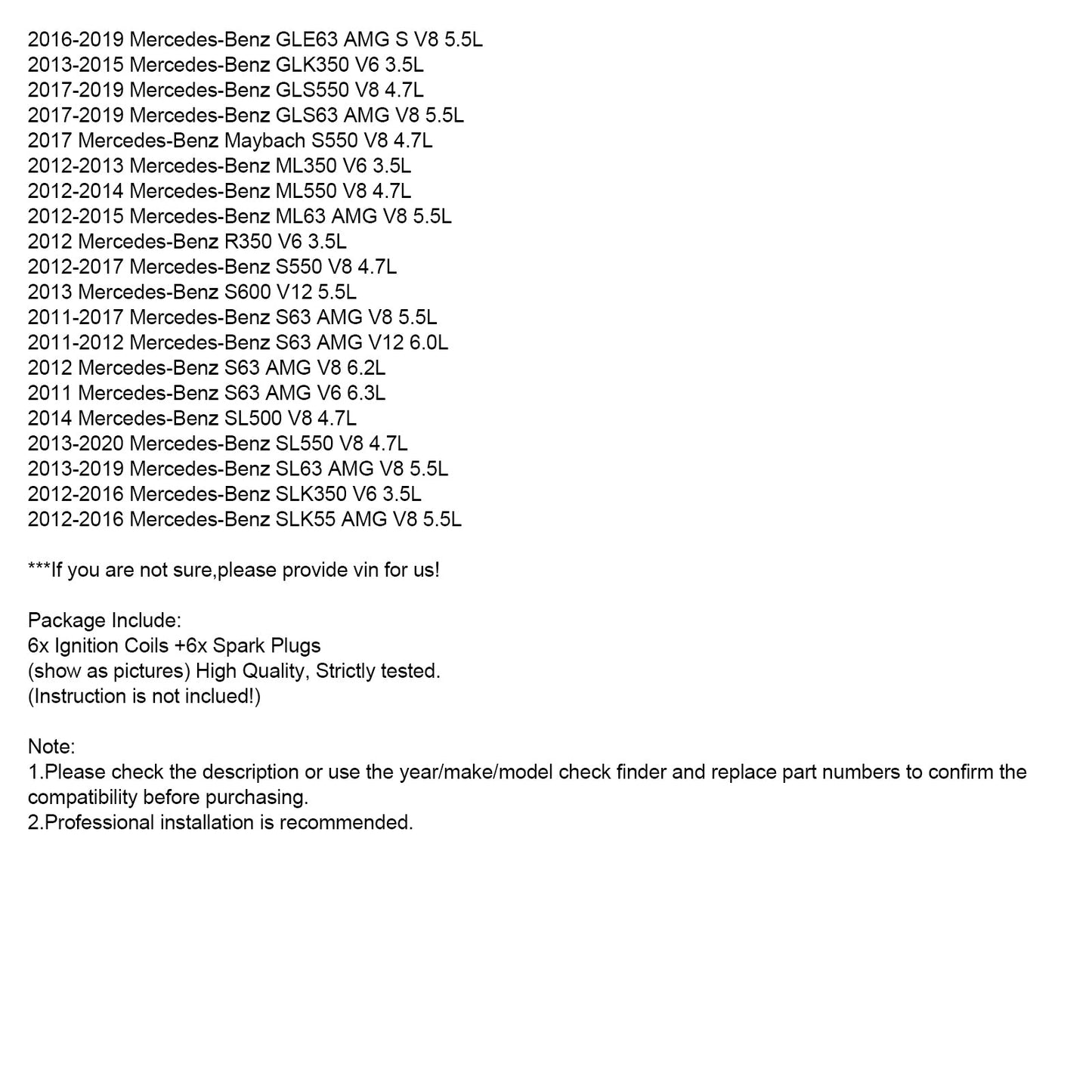 2013-2014 Mercedes-Benz C300 V6 3.5L Ignition Coil +Spark Plug UF741 6pcs 2769063700