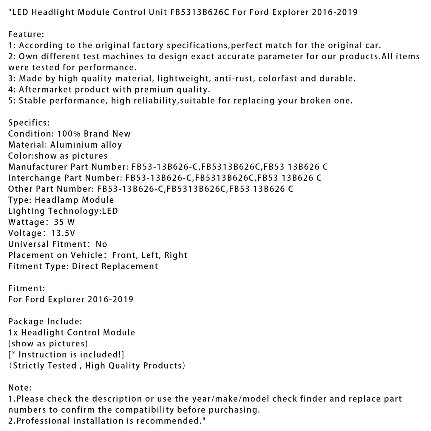 2016-2019 Ford Explorer LED Headlight Module Control Unit FB5313B626C