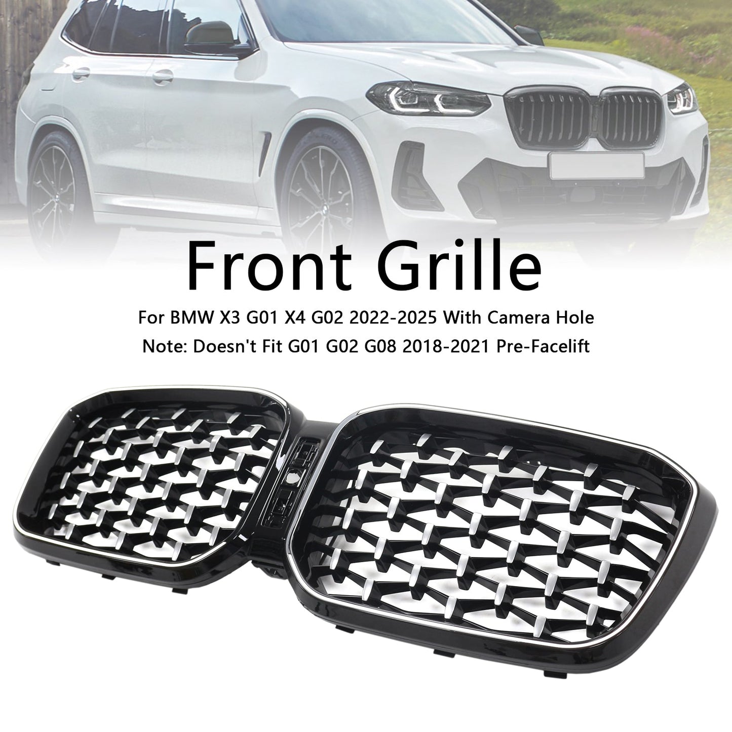 2022-2025 BMW X3 G01 X4 G02 Diamond Front Bumper Kidney Grille Chorme