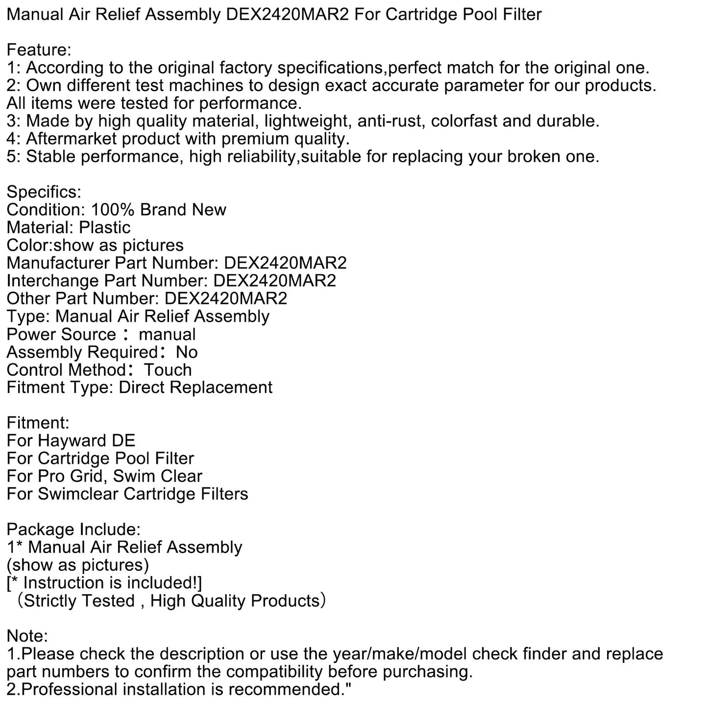 Manual Air Relief Assembly DEX2420MAR2 For Cartridge Pool Filter