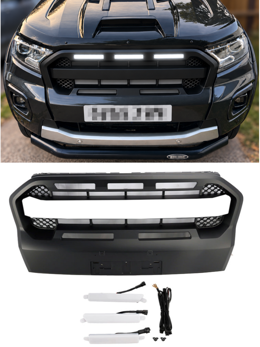 Ford Ranger 2019-2023 T8  W/LED Matt Black Ranger Raptor Style Front Bumper Grille