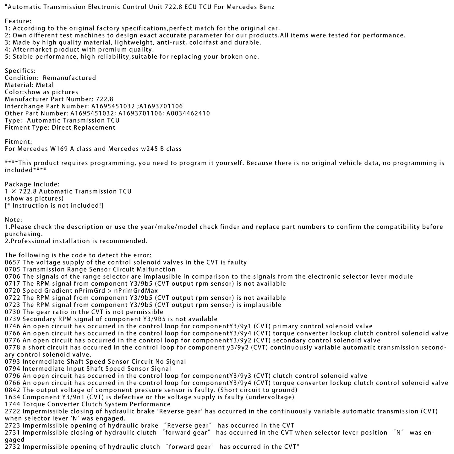 Automatic Transmission Electronic Control Unit 722.8 ECU TCU For Mercedes Benz